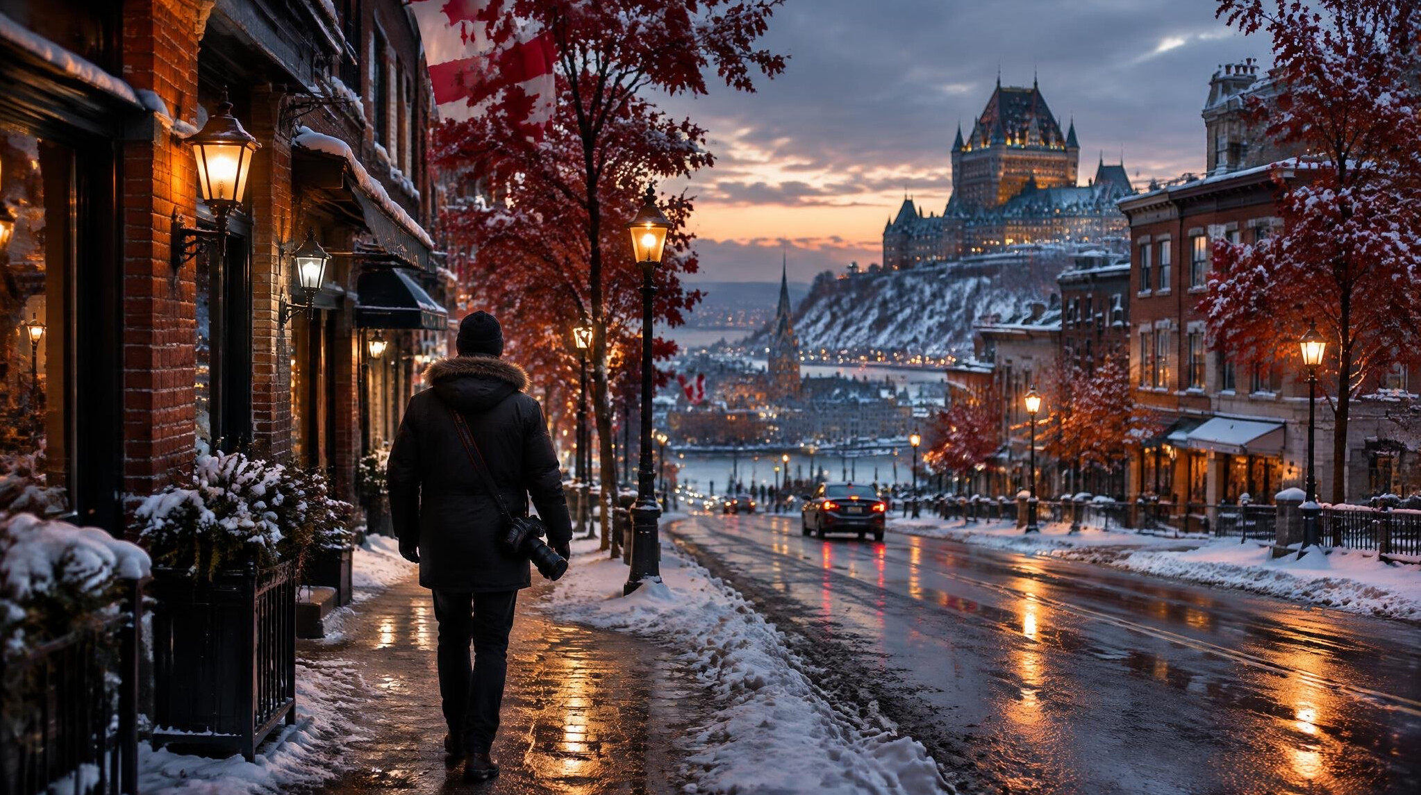 Photographer walking a snowy Canadian city street with a camera at dusk