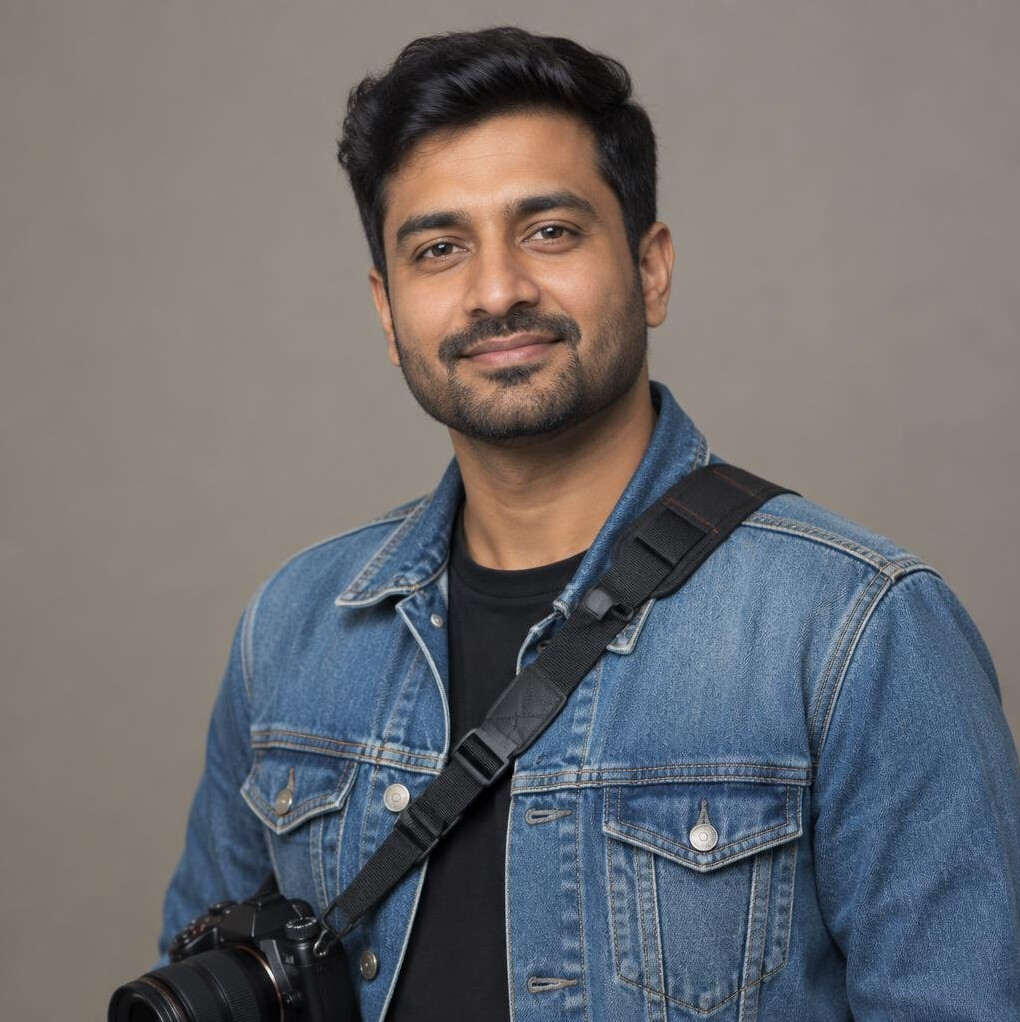 Studio portrait of a South Asian Canadian male photojournalist